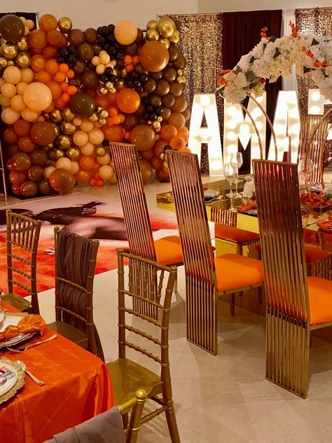 18th Birthday Party Ideas November, Orange Birthday Decorations, Shades Of Orange Party, Shades Of Melanin Birthday Party, Shades Of Orange Birthday Theme, November Sweet 16 Party Ideas, Fall Themed 18th Birthday Party, Orange Prom Decorations, 21st Birthday Orange Theme