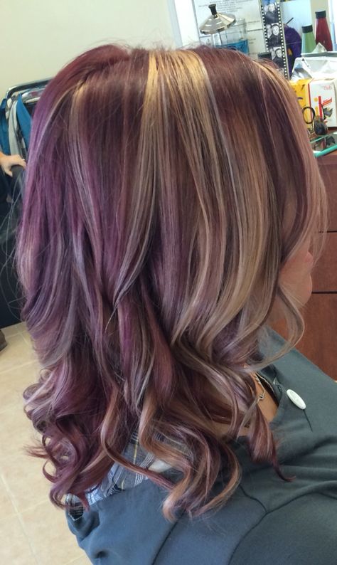 Reddish Purple Hair With Blonde Highlights, Violet With Blonde Highlights, Hair Color Unique Highlights, Orchid Blonde Hair, Blonde And Plum Hair, Dark Blonde Hair With Purple Highlights, Pb J Hair Color, Violet And Blonde Hair, Brown Hair Peekaboo Highlights