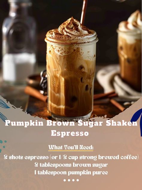 Pumpkin Brown Sugar Shaken... - Quick & Homemade Recipes Brown Sugar Shaken Espresso, Iced Espresso, Espresso Drink, Shaken Espresso, Espresso Drinks, Slushies, Pumpkin Puree, Mocktails, Coffee Brewing