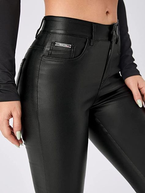 MakeMeChic Women's Faux Leather Leggings Pants High Waisted Leather Stacked Pants PU Black S at Amazon Women’s Clothing store Tight Solid Faux Leather Pants, High-waisted Faux Leather Pants With Zipper, High Waisted Gym Leggings, Stacked Pants, Basic Streetwear, Stretch Faux Leather Full-length Pants, Woman Pants, Unisex Looks, Black Oxford Shoes