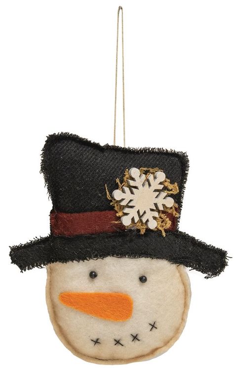 Add a classic touch to holiday decor with our Felt Snowman Ornament. This happy snowman has a stitched smile and the white fabric has tan antiqued edges. There is a dried moss and wooden snowflake accent on the black top hat. The ornament measures 5" H x 4.5" W x 0.5" D and hangs from a loop of string. Material: Fabric, Wood Color: White, Black, Tan Size: 5" H x 4.5" W x 0.5" D Designer: Suzie Pienta Felt Snowman Ornament, Felted Snowman, Fabric Ornament, Hat Ornament, Felt Snowman, Black Top Hat, Wooden Snowflakes, Snowman Faces, Snowman Ornament