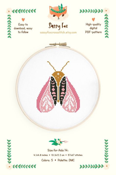 Boho moth cross stitch pattern - add a whimsical vibe to your home with this cute pink moth. DMC colors: 5 57 stitches wide X 67 stitches high Aida 14: 4.1" X 4.8" (10.3 X 12.2 cm) Aida 16: 3.6" X 4.2" (9.1 X 10.6 cm) Aida 18: 3.1" X 3.7" (8.0 X 9.5 cm) More boho butterflies here: https://etsy.me/391RNJn After the payment confirmation you will be able to download the following PDF-files: 1. A black-and-white cross stitch pattern with symbols on several pages for further printing 2. A full color Luna Moth Cross Stitch Pattern, Luna Moth Cross Stitch, Moth Pixel Art, Moth Chart, Moth Cross Stitch, Boho Cross Stitch, Pink Moth, Cross Stitch Beginner, Boho Cross