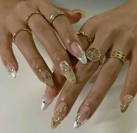 Nail Charm Ideas, Heavenly Nails, Gold Acrylic Nails, Nails Gel Nails, Custom Press On Nails, Girly Acrylic Nails, French Nail, Nail Jewelry, Nails Gel