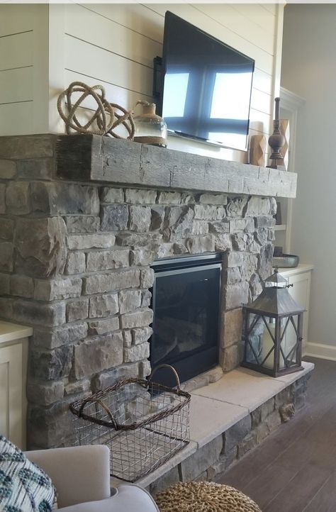 Farmhouse Fireplace Stone And Shiplap, Mantles On Stone Fireplaces, Shiplap Rock Fireplace, Stone Fireplace With Shiplap Above Mantle, Half Rock Half Shiplap Fireplace, Rock Fireplace With Shiplap, Fireplaces With Shiplap And Stone, Shiplap Above Stone Fireplace, Stone Fireplace Halfway Up Wall