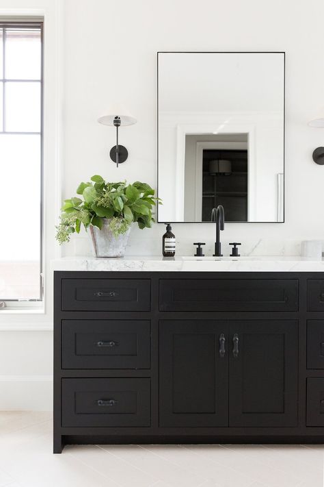 Seasonal Powder Room Prep - Studio McGee Black Vanity Bathroom, Black Vanity, Studio Mcgee, Bath Room, Bathroom Renos, House Bathroom, Black Bathroom, Farmhouse Bathroom, White Bathroom