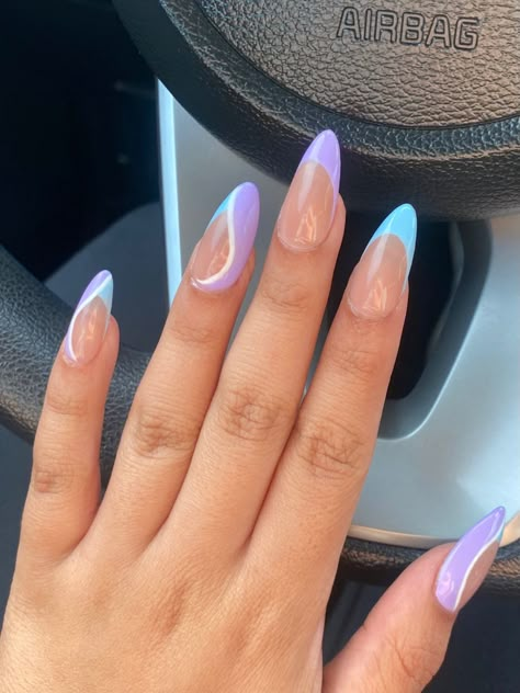 Light Purple And Blue Nails, Baby Blue And Purple Nails, Light Purple Almond French Tip Nails, Purple Vacation Nails, Blue Swirl Almond Nails, Light Purple And Light Blue Nails, Lilac And Blue Nails, Swirled Nails, Light Blue French Tips Almond