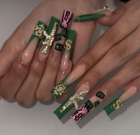 Money Bag Nails, 21st Birthday Nails Acrylic, Gangster Nails, Rich Nails, Nails Acrylic Simple, 21st Birthday Nails, Fall Baddie, Money Nails, Girly Acrylic