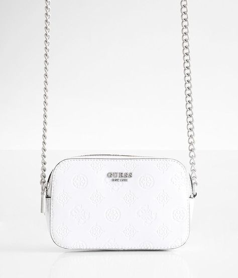 "Guess Galleria Camera Crossbody Purse - White , Women's White Textured faux leather lined purse Zipper closures Interior zipper and card pouch pockets Dimensions: 6"(L) x 2 1/2"(W) x 5"(H). Shell: 100% PU. Lining: 80% Polyester 20% Cotton." Cute White Purse, Side Bags For Women, White Crossbody Bag, Purse White, Guess Purses, Xmas List, White Purse, Card Pouch, Purse For Women