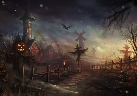 Halloween Picture (2d, fantasy, landscape, halloween) Halloween Landscape, The Legend Of Sleepy Hollow, Halloween Scarecrow, Halloween Ii, Halloween Artwork, Digital Art Gallery, Halloween Scene, Halloween Images, Spooky Scary