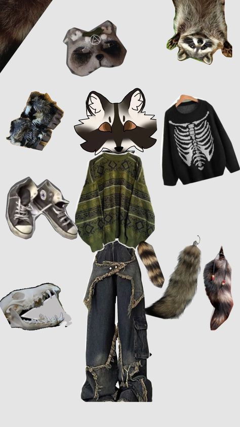 therian fit(raccoon)!! #raccoontherian Therian Raccoon, Racoon Fursona, Raccoon Outfit, Raccoon Therian, Therian Outfits, Fairycore Fits, Raccoon Sweater, Therian Ideas, Artwork Sketchbook