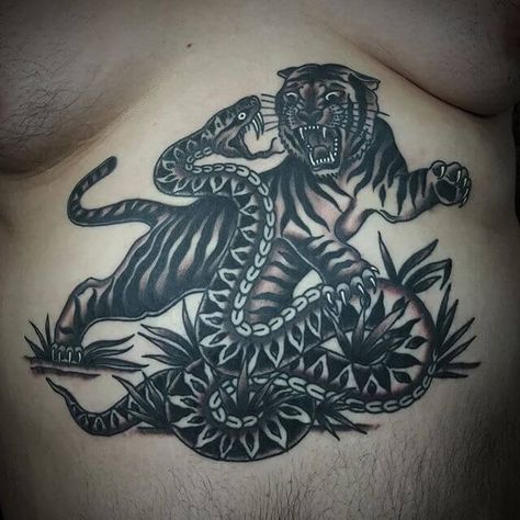 Sam Clark, Tiger Snake, Traditional Black Tattoo, Flash Ideas, Torso Tattoos, Bull Tattoos, Metal Tattoo, Japanese Art Prints, American Tattoos