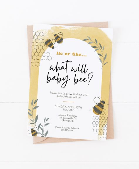 Gender Reveal Party Invitation, What Will Baby Bee Invitation, He or She Gender Reveal Canva Template, Summer Gender Reveal Invite https://etsy.me/3vCRBZA #genderrevealparty #whatwillbabybee #beethemedparty #beegenderreveal #heorshe #genderrevealinvite #summerbaby Gender Reveal Summer, Summer Gender Reveal, He Or She Gender Reveal, What Will Baby Bee, Bee Invitations, Summer Invitation, Bee Theme Party, Bee Gender Reveal, Bee Drawing