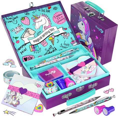 PRICES MAY VARY. MAGICAL WRITING SET IN BEAUTIFUL STORAGE CASE: Send letters, organize your thoughts, your lists, your feelings, or your favorite memories with this adorable unicorn-themed set. Perfect for the young writer, creator, or memory gatherer. LET YOUR UNICORN CREATIVITY SHINE! The possibilities are endless! Send secret notes with the heart-shaped cards and matching envelopes. Write large letters and lists on the notepad and matching large envelopes. Stamp with the two unicorn stamps wi Unicorn Stationery, Unicorn Stationary, Pencil Case Art, Letter Writing Kit, Unicorn Pencil Case, Secret Notes, Kids Stationary, Kids Art Supplies, Stationary Set