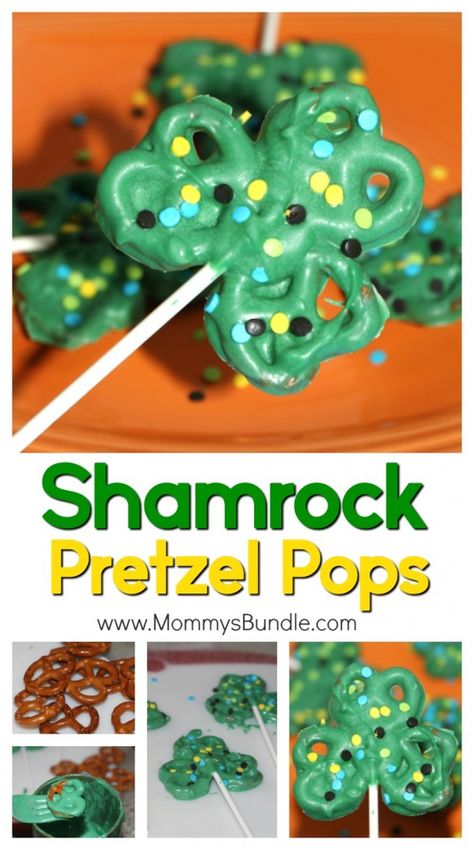 Shamrock Pretzel Pops {St. Patrick's Day Recipe + Printable} - Mommy's Bundle Shamrock Pretzel Pops, Shamrock Pretzels, Pretzel Pops, St Patricks Food, St Patrick Day Snacks, Fete Saint Patrick, St Patrick Day Treats, St Patricks Crafts, Fun Dessert