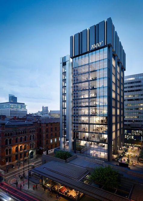 Artist's impression of Bruntwood's new neo workplace Office Building Design, Arch Building, Portland Street, Commercial Design Exterior, Charlotte Street, Collaborative Workspace, Facade Architecture Design, Residential Building Design, Glass Building