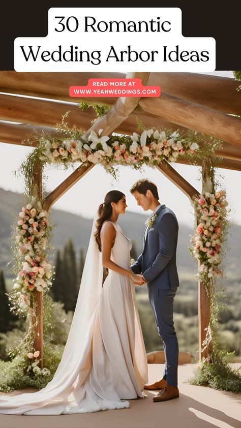 A stunning bride stands beneath a beautifully decorated wedding arbor, featuring rustic wooden arches adorned with flowers and elegant draped fabrics, creating a magical backdrop for the ceremony.