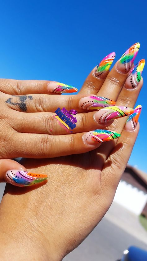 90 nails #colorfulnails #almondnails #abstractnails #brightnails #90s #auntynails 90s Auntie Nails, 90s Style Nails Acrylic, 1990s Nails The 90s, 90s Almond Nails, 1990 Nails, 90s Airbrush Nails, 90’s Nail Designs, 90s Nails Designs, 90s Style Nails