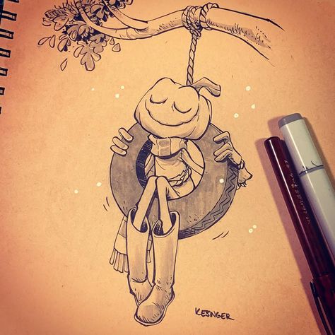 Tranquil. #jasperjpumpkinhead uses his latest invention, “The Swingamabob” to enjoy the brisk autumn evenings. More drawings of Brian Kesinger on my blog. #inktober #inktober2018 #drawingchallenge #doodles #illustrationoftheday #characterdesign #illustrationartists #sketches #jakeparker #jasper Mix Drawing, Inktober Sketches, Brian Kesinger, Pumpkin Character, Pumpkin Monster, Inktober Art, Origami Techniques, Vw Art, Person Drawing