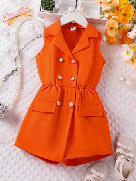 SHEIN Young Girls Solid Color Double Breasted Romper With Flap DetailI discovered amazing products on SHEIN.com, come check them out! Kids Summer Dresses, Baby Summer Dresses, Plus Zise, Kids Wear Girls, Play Suit, Chic Dress Classy, Kids Dress Wear, Kids Dress Patterns