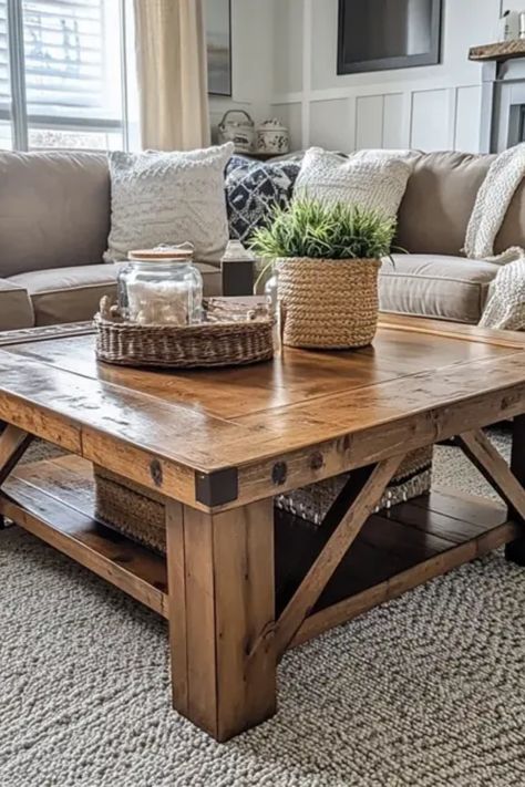 Transform your living room with a rustic DIY farmhouse coffee table that combines charm and functionality. This step-by-step guide will walk you through building a coffee table that enhances your home decor and adds warmth to your space. It requires common materials and basic woodworking skills, making it perfect for beginners and seasoned crafters alike. Learn about selecting the right wood, finishing techniques, and stylish touches for your coffee table project. Create a cozy and inviting atmosphere with this amazing DIY furniture piece. Dyi Coffee Table, Farmhouse Coffe Table, Farmhouse Coffee Table Diy, Diy Square Coffee Table, Chunky Wood Coffee Table, Diy Storage Coffee Table, Farmhouse Furniture Ideas, Wood Finishing Techniques, Modern Farmhouse Coffee Table