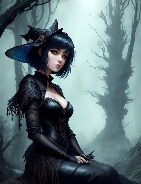 Short Hair Witch Art, Carne Griffiths, Create Your Own Adventure, Picture Prompts, Octane Render, Rain Forest, Short Black Hairstyles, Witch Art, A Witch