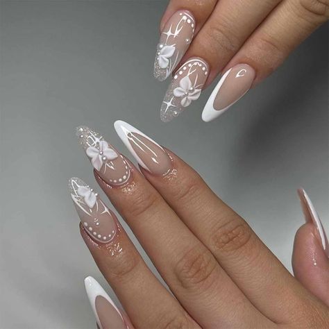 PRICES MAY VARY. [Package Content] You will get 24 pieces of IMSOHOT medium almond press on nails, a small clear box with glue, and you can trim it to any length you want~ [Quality Material] These 3d white butterfly press on nails are made of quality acrylic material, non-toxic and gentle to your nails and skin, durable and not easy to be scratched, will give you a nice manicure experience. [Easy to Use] After trimming and cleaning your nails, ch Occasion Nails, Grad Nails, Fake Nails White, Unghie Sfumate, Kutek Disney, Fake Nails Long, Ballet Nails, Milky Nails, Nagel Tips