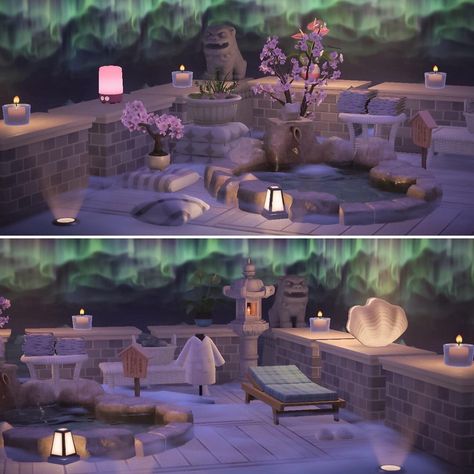 Animal Crossing Inspiration on Instagram: “The inside... and outside spa 🛁 The new Aurora Wallpaper is obtainable since the Winter Update at the Nooks! ❄️ — Credits —…” Acnh Hhp Spa, Animal Crossing Island Ideas, Beauty Checklist, Gaming Things, Animal Crossing 3ds, Ac New Leaf, Animal Crossing Guide, Acnh Designs, Animal Crossing Wild World