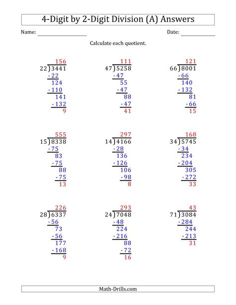 The 4-Digit by 2-Digit Long Division with Remainders and Steps Shown on Answer Key (A) math worksheet page 2 4 Digit By 2 Digit Division, Divide Math Worksheet, Double Digit Division, Division Worksheets Grade 4, Grade 5 Math Worksheets, Long Division Worksheets, Grade 6 Math, Math Drills, 4th Grade Math Worksheets