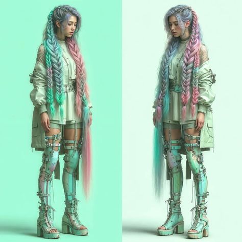 Cyberpunk Vibes #aiart #aiartcommunity #aiartist #aiphotography #cyberpunkstyle #cyberpunk #multicoloured #braids #dalle3 #aiartofinstagram #generativeart #visualart #digitalart #digitalphotography #scifi #aifashion #aifashionphotography Cyberpunk Fashion Concept Art, Cyberpunk Cosplay Female, Cyberpunk Dj, Space Outfit Aesthetic, Cyberpunk Outfit Aesthetic, Cyberpunk Aesthetic Outfit, Cyberpunk Hairstyles, Scifi Outfit, Scifi Fashion