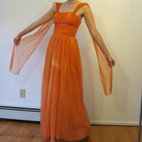 1950s Evening Gown, Winx Redesign, 1950s Glam, Orange Gown, Dress Flowy, Prom Dresses Vintage, 80s Dress, Sun Damage, Vintage Orange