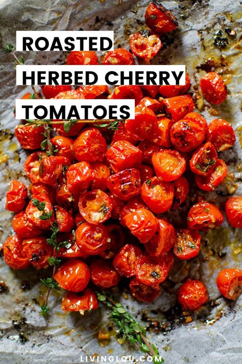 Roasted cherry tomatoes are full of flavour and a quick recipe to make with cherry or grape tomatoes. Simply roast with garlic, fresh herbs and extra virgin olive oil for a delicious ingredient to add to pasta, salads, or to serve as an appetizer. Grape Tomato Recipes, Oven Roasted Cherry Tomatoes, Roasted Grape Tomatoes, Garlic Balsamic, Olive Oil Garlic, Roasted Cherry, Roasted Cherry Tomatoes, Pasta Salads, Grape Tomatoes