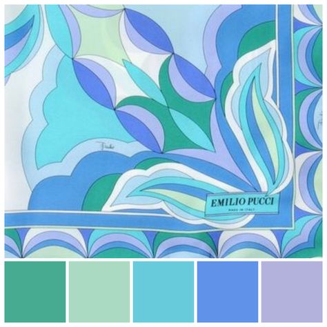 Emilio Pucci (1914-1992). Pucci began designing in the 1950s and, aside from his fashion silhouettes, Pucci’s fashions are characterised by abstract textile patterns and unique and distinctive colourways. This colourway features greens - purple. Emilio Pucci colour palette illustration by Zena O’Connor. Emilio Pucci Shoes, Colour Palette Illustration, Emilio Pucci Pattern, Palette Illustration, Pucci Pattern, Pucci Scarf, Silk Painting Techniques, Fashion Illustrations Techniques, Palette Design