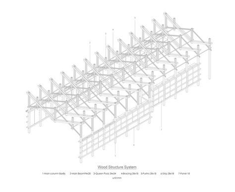 The Inverted Truss / B+P Architects | ArchDaily Bjarke Ingels Architecture, Collage Architecture, Axonometric View, Roof Truss Design, Axonometric Drawing, Wood Truss, Truss Structure, Timber Truss, Timber Architecture