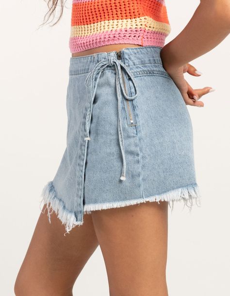 Cute Jean Skirts, Cute Denim Skirt, Asymmetrical Skort, Jean Skort, Flannel Sweatshirt, Denim Skort, Womens Denim, Cargo Skirt, Open Knit Sweater