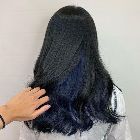 Black Hair With Underneath Color, Black Hair With Blue Underneath, Ombre Hair Color For Black Hair, Blue Underneath Hair, Blue Hair Underneath, Black Blue Hair, Blue Tips Hair, Blue Hair Streaks, Under Hair Dye