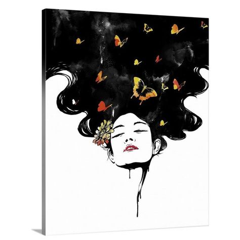 Gallery-Wrapped Canvas entitled 'Beauty and Mind'.  Illustration of a woman's face with her hair flowing above her, filled with butterflies.  Multiple sizes available.  Primary colors within this image include: Dark Red, Light Yellow, Black, White.  Made in the USA.  All products come with a 365 day workmanship guarantee.  Archival-quality UV-resistant inks.  Canvas is acid-free and 20 millimeters thick.  Museum-quality, artist-grade canvas mounted on sturdy wooden stretcher bars 1.5" thick.  Co Hair Flowing, Kunst Inspo, Black Framed Art, Circle Art, Arte Inspo, Abstract Canvas Painting, Art And Illustration, Hair Art, Big Canvas