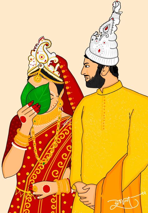 Bengali Couple Illustration Drawing, Bengali Wedding Illustration, Bengali Wedding Couple, Kulo Design, Kulo Art, Marriage Illustration, Bangla Art, Marriage Frame, Kali Picture