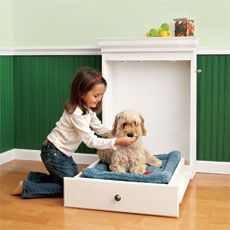 A mutt-sized Murphy bed hides your dog's crash pad inside a fetching built-in cabinet Build A Murphy Bed, Diy Pet Bed, Murphy Bed Ikea, Space Saving Beds, Murphy Bed Diy, Murphy Bed Plans, Built In Cabinet, Diy Dog Bed, Crash Pad