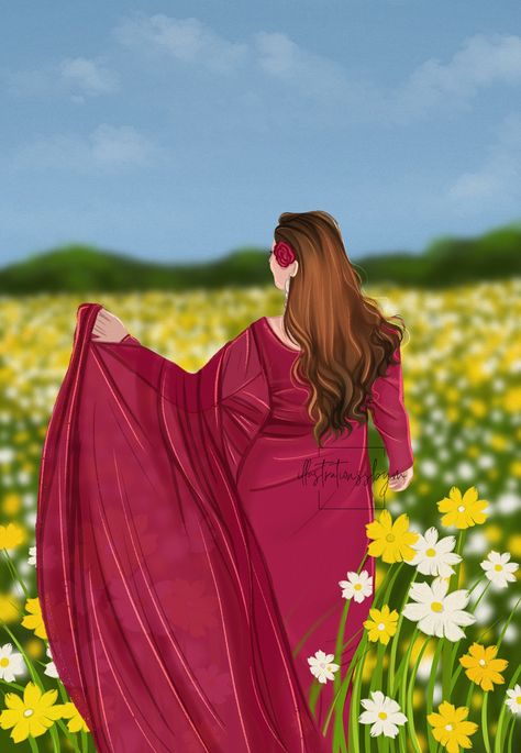 Girl In Saree Aesthetic, Saree Illustration Sketch, Field Of Flowers Aesthetic, Gulabi Sadi, Laraib Rahim, Desi Illustration, Girl In Flower Field, Saree Illustration, Girl In Field