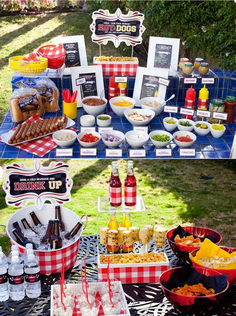 Hot Dog Buffet | Y de blanco… Hot Dog Buffet, Hot Dog Party, Burger Party, Hot Dog Bar, Food Buffet, Baby Shower Bbq, Food Stations, Burger Bar, Party Bars