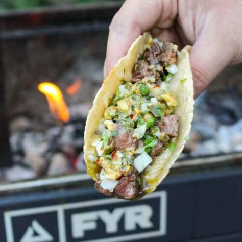 Cowboy Butter Steak Tacos - Over The Fire Cooking Steak And Shrimp Alfredo, Cowboy Butter Steak, Steak Taco Recipe, Cowboy Butter, Traeger Cooking, Over The Fire Cooking, Grilled Taco, Butter Steak, Mushroom Cream Sauces