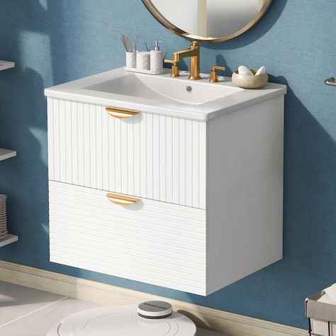 PRICES MAY VARY. [Modern 24" Wall-Mounted Bathroom Cabinet]Elevate your bathroom decor with our 24-inch wall-mounted bathroom cabinet that combines modern style and practicality. This cabinet not only provides ample storage space but also adds a touch of luxury to your bathroom. [Ample Storage Space]Featuring 2 spacious drawers, this cabinet can comfortably accommodate toiletries, towels, and other essentials, keeping your bathroom tidy and organized. The elegant gold handles complement the whit Wall Mounted Bathroom Storage, Elegant Vanity, Compact Bathroom, Bathroom Vanity Base, Mdf Frame, Small Bathrooms, Paint Finish, Elegant Bathroom, Gold Handles