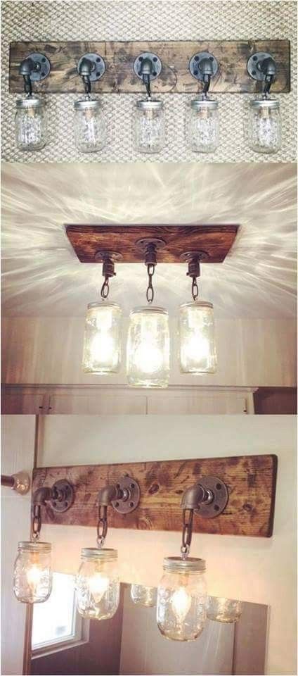 ขวดโหล Mason Jar, Diy Mason Jar Lights, Mason Jar Light Fixture, Bathroom Rustic, Mason Jar Lights, Farmhouse Bathroom Design, Rustic Bathroom Decor, Country Cabin, Rustic Bathrooms