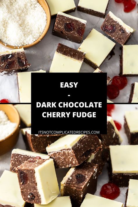 My Dark Chocolate Cherry Fudge is a crowd-pleasing sweet treat. With just 5 ingredients, this delectably rich, luxuriously indulgent fudge, comes together quickly and easily. The dark chocolate fudge is flavoured with glacé cherries and desiccated coconut. It comes together in just 20 minutes – the hardest part is waiting for it to cool! Chocolate Cherry Fudge, Cherry Fudge, Dark Chocolate Fudge, Glace Cherries, Desiccated Coconut, Festive Desserts, The Hardest Part, Edible Gifts, Eat Dessert First