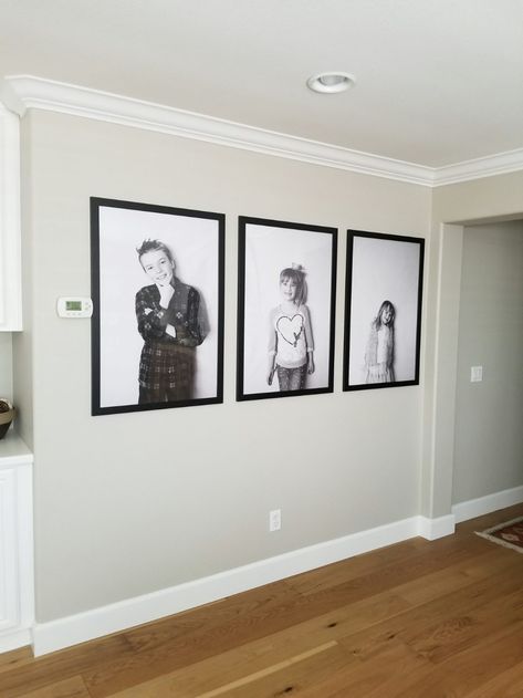 Photos In Hallway Ideas, Kids Portraits On Wall, Playroom Refresh, Engineered Prints, Loft Playroom, Staircase Wall Decor, Family Room Walls, Engineer Prints, Dining Room Art