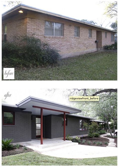 painted brick & modern awning: Brick Ranch Remodel, Brick Landscaping, Ranch House Remodel, Mid Century Exterior, House Before And After, House Makeovers, Modern Remodel, Ranch Remodel, Roof Overhang