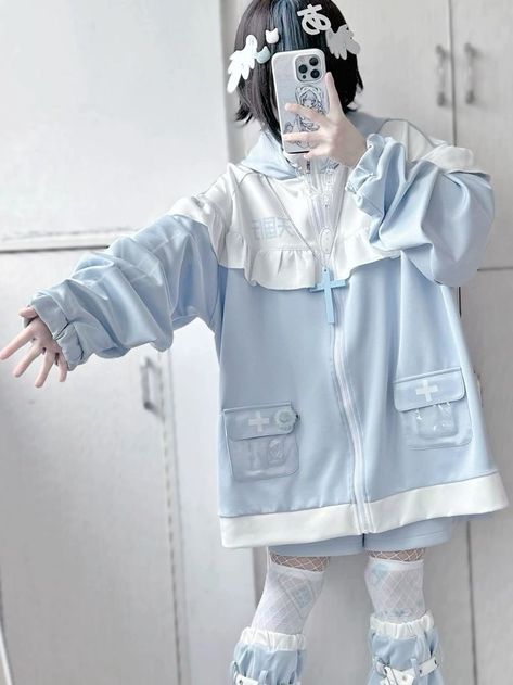 Cat Ear Hoodie, Kawaii Outfit Ideas, Light Blue Aesthetic, Aesthetic Outfit Ideas, Cat Ear, Short Legs, Clothes Style, Blue Outfit, Kawaii Clothes