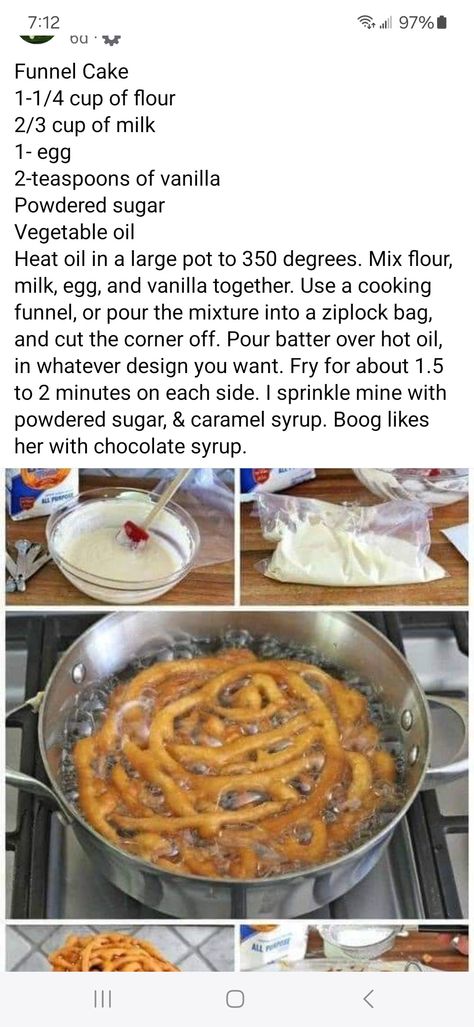 Easy Funnel Cake, Homemade Funnel Cake, Funnel Cake Recipe, Funnel Cakes, Baked Fries, Caramel Syrup, Funnel Cake, Homemade Snacks, Chocolate Syrup