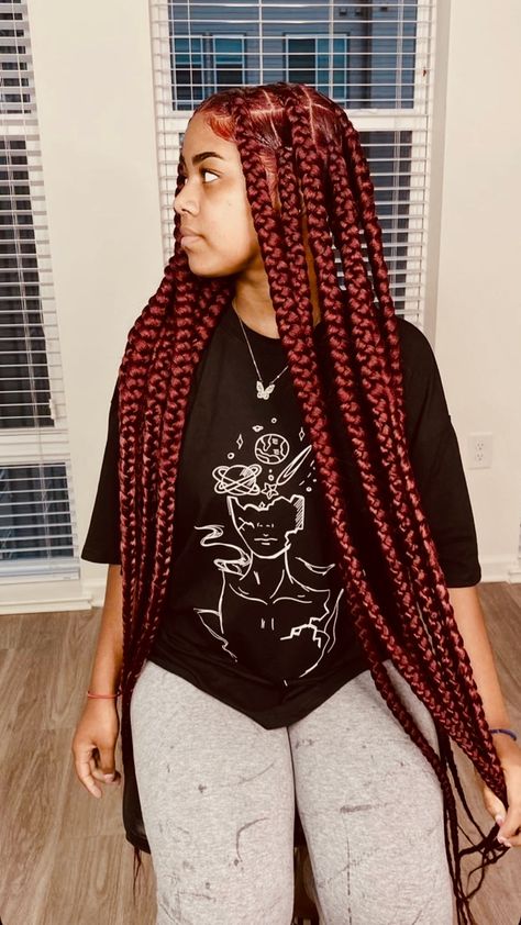 Jumbo Burgundy Knotless Braids, Jumbo Red Knotless Box Braids, Burgundy Knotless Braids, Burgundy Knotless, Red Knotless Braids, Red Knotless, Box Braids Jumbo, Knotless Braids Styles, Braid Hairstyle Ideas