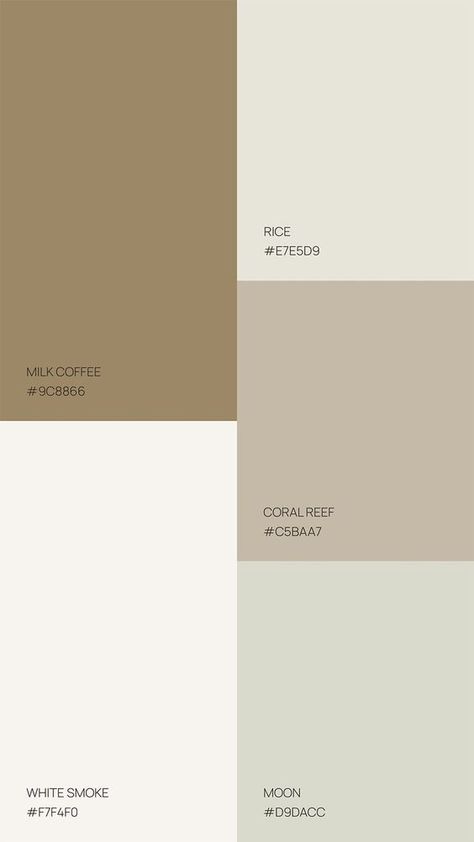 Set of nine Color Palettes of Natural tones. Muted, gender neutral colour palette for luxury brand. Milk Coffee, White Smoke, Rice, Colar Reef, Moon | A Multidisciplinary Studio that specializes in Brand Identity Design and Creative Direction for Soulful fashion, beauty, wellness and lifestyle brands. #design #colorpalette #neutral #naturalcolor Oat Milk Color Aesthetic, Color Palette For Luxury Brand, Skin Care Color Palette, Natural Color Palettes, Beige Aesthetic Color Palette, Off White Palette, Off White Color Palette, Neutral Branding Color Palette, Gender Neutral Color Palette